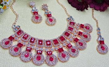 Pink rose gold premium designer american diamond and stone work necklace set 2