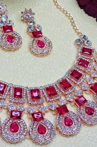 Pink rose gold premium designer american diamond and stone work necklace set