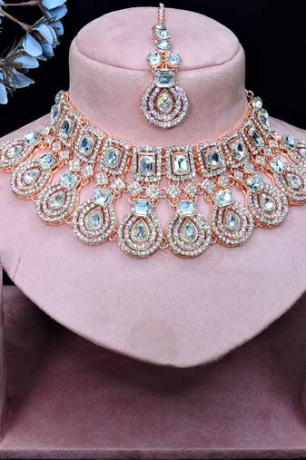 White rose gold premium designer american diamond and stone work necklace set