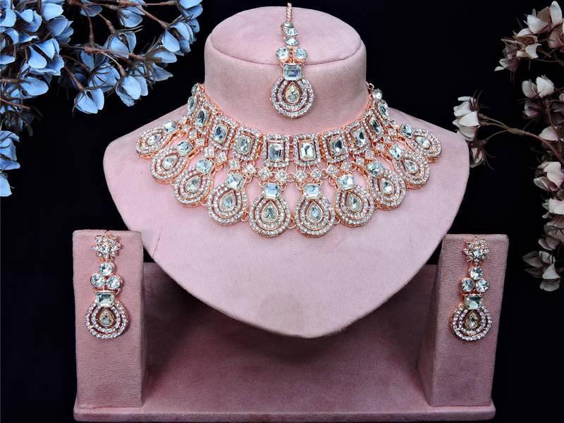White rose gold premium designer american diamond and stone work necklace set
