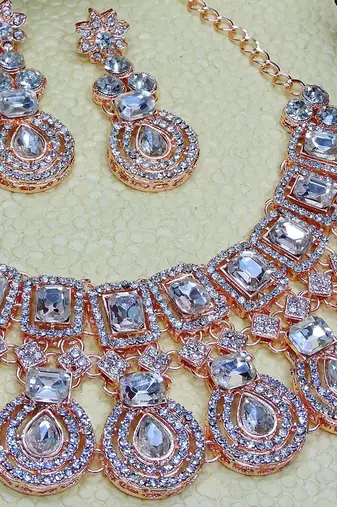 White rose gold premium designer american diamond and stone work necklace set