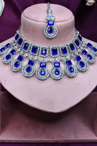 Blue rhodium premium designer american diamond and stone work necklace set