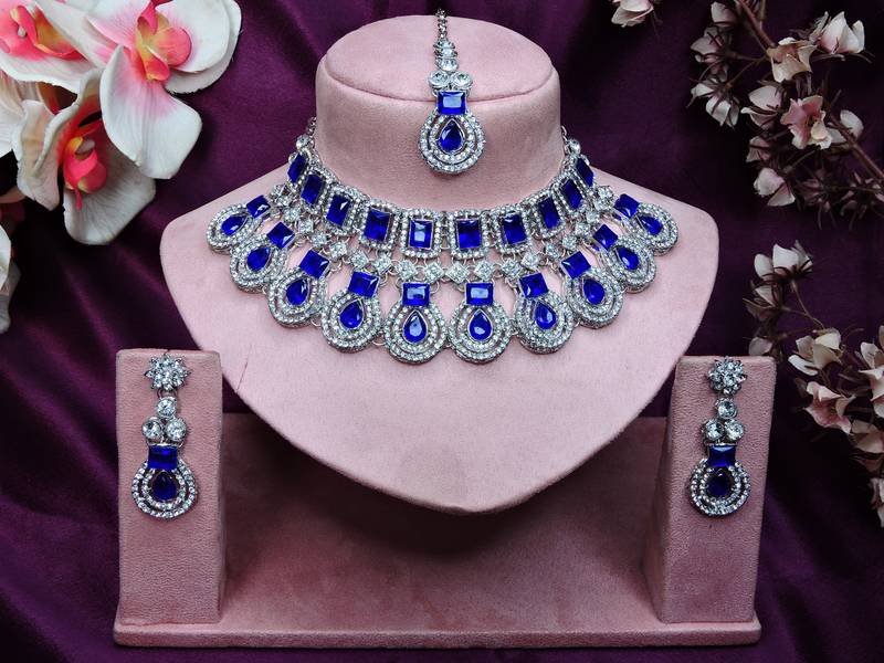 Blue rhodium premium designer american diamond and stone work necklace set