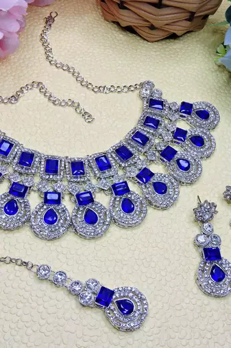 Blue rhodium premium designer american diamond and stone work necklace set