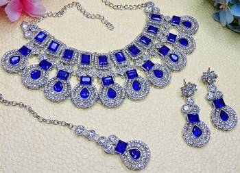 Blue rhodium premium designer american diamond and stone work necklace set 3