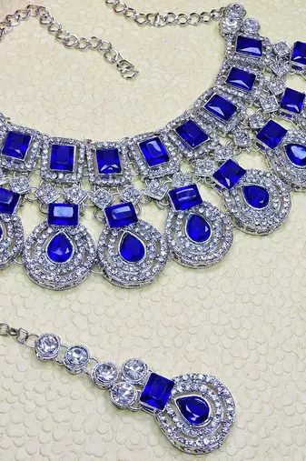 Blue rhodium premium designer american diamond and stone work necklace set