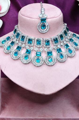 Green rhodium premium designer american diamond and stone work necklace set