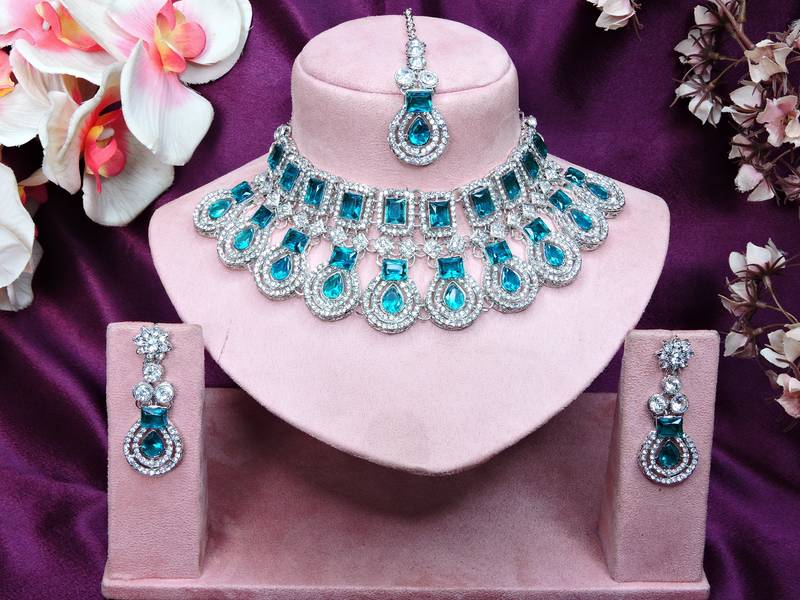 Green rhodium premium designer american diamond and stone work necklace set