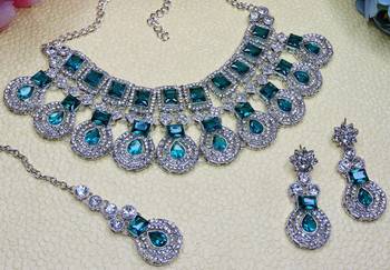 Green rhodium premium designer american diamond and stone work necklace set 2