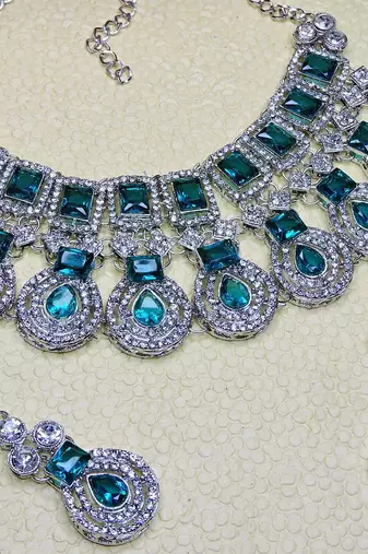Green rhodium premium designer american diamond and stone work necklace set
