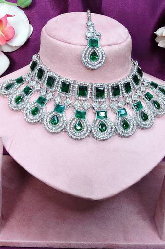 Green rhodium premium designer american diamond and stone work necklace set