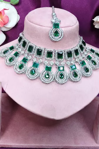 Green rhodium premium designer american diamond and stone work necklace set