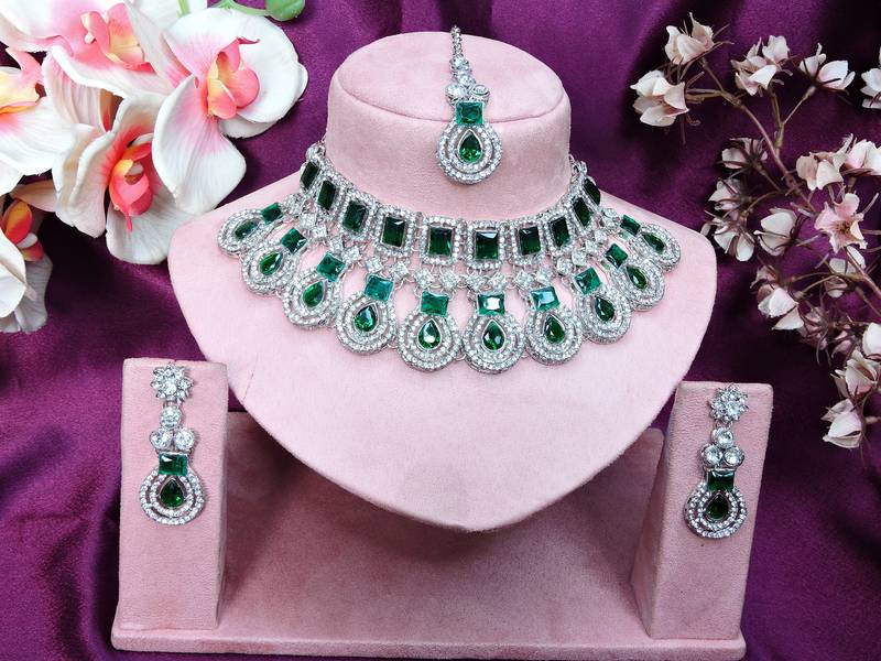 Green rhodium premium designer american diamond and stone work necklace set