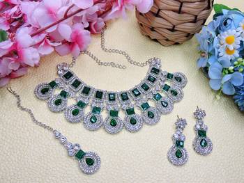 Green rhodium premium designer american diamond and stone work necklace set 2