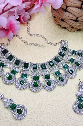 Green rhodium premium designer american diamond and stone work necklace set