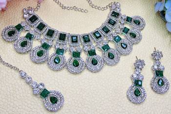 Green rhodium premium designer american diamond and stone work necklace set 3