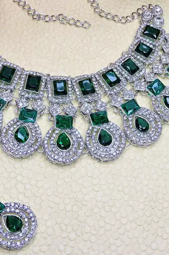 Green rhodium premium designer american diamond and stone work necklace set