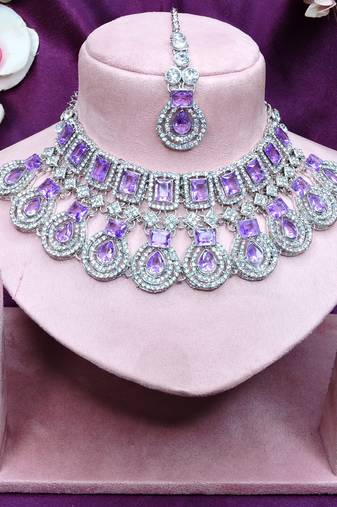Purple rhodium premium designer american diamond and stone work necklace set