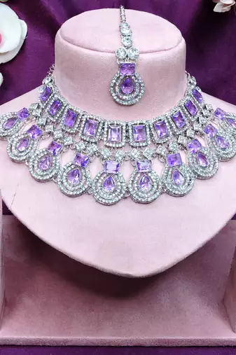 Purple rhodium premium designer american diamond and stone work necklace set