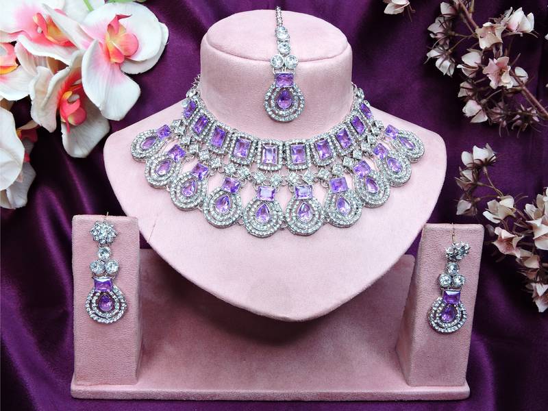 Purple rhodium premium designer american diamond and stone work necklace set
