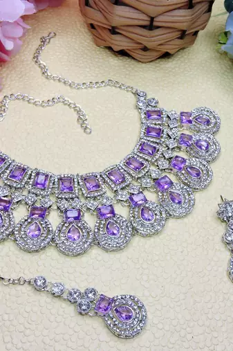 Purple rhodium premium designer american diamond and stone work necklace set