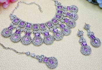 Purple rhodium premium designer american diamond and stone work necklace set 3