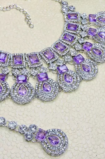Purple rhodium premium designer american diamond and stone work necklace set