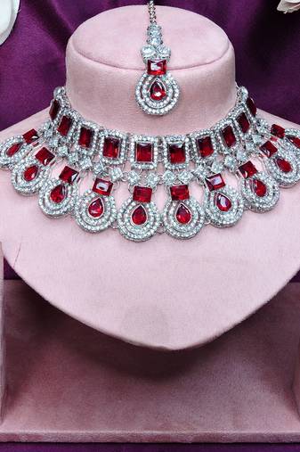 Maroon rhodium premium designer american diamond and stone work necklace set