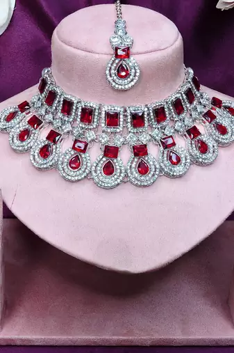 Maroon rhodium premium designer american diamond and stone work necklace set