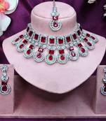 Maroon rhodium premium designer american diamond and stone work necklace set