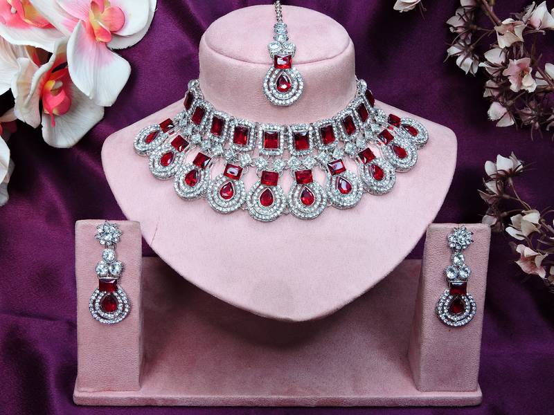 Maroon rhodium premium designer american diamond and stone work necklace set