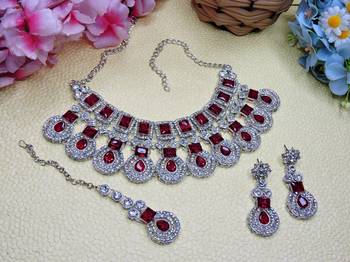 Maroon rhodium premium designer american diamond and stone work necklace set 2