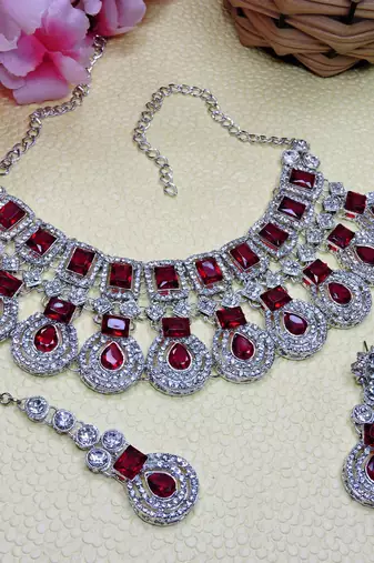Maroon rhodium premium designer american diamond and stone work necklace set
