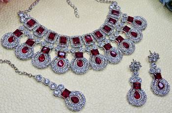 Maroon rhodium premium designer american diamond and stone work necklace set 3