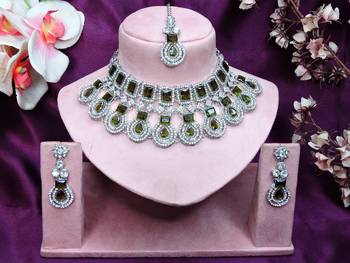Green rhodium premium designer american diamond and stone work necklace set 1