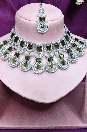 Green rhodium premium designer american diamond and stone work necklace set