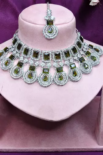 Green rhodium premium designer american diamond and stone work necklace set