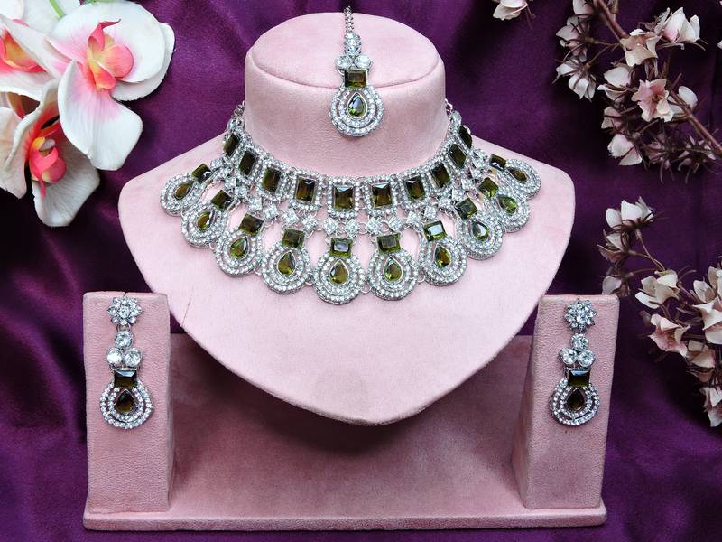 Green rhodium premium designer american diamond and stone work necklace set