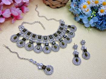 Green rhodium premium designer american diamond and stone work necklace set 2