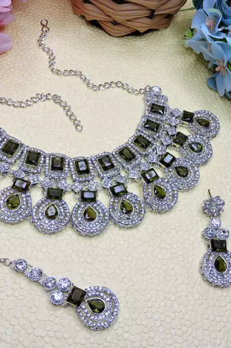 Green rhodium premium designer american diamond and stone work necklace set