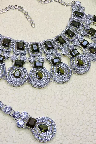 Green rhodium premium designer american diamond and stone work necklace set