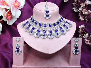 Blue rhodium premium designer american diamond and stone work necklace set 1