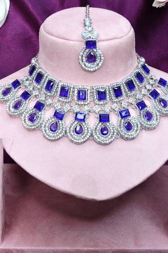 Blue rhodium premium designer american diamond and stone work necklace set