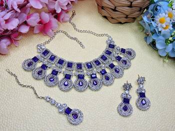 Blue rhodium premium designer american diamond and stone work necklace set 2