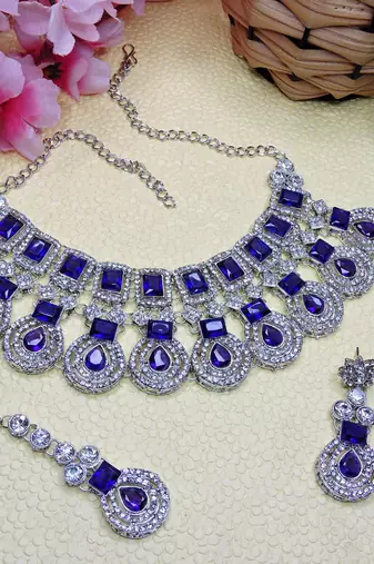 Blue rhodium premium designer american diamond and stone work necklace set