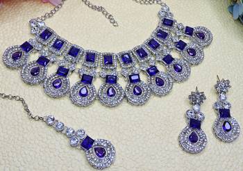 Blue rhodium premium designer american diamond and stone work necklace set 3