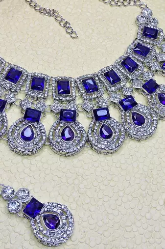 Blue rhodium premium designer american diamond and stone work necklace set