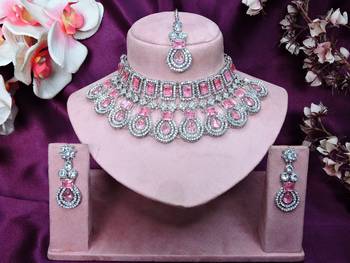 Pink rhodium premium designer american diamond and stone work necklace set 1