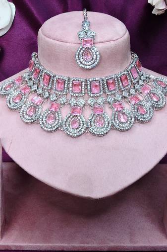 Pink rhodium premium designer american diamond and stone work necklace set