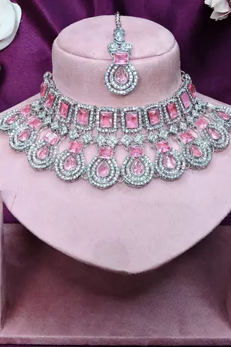 Pink rhodium premium designer american diamond and stone work necklace set